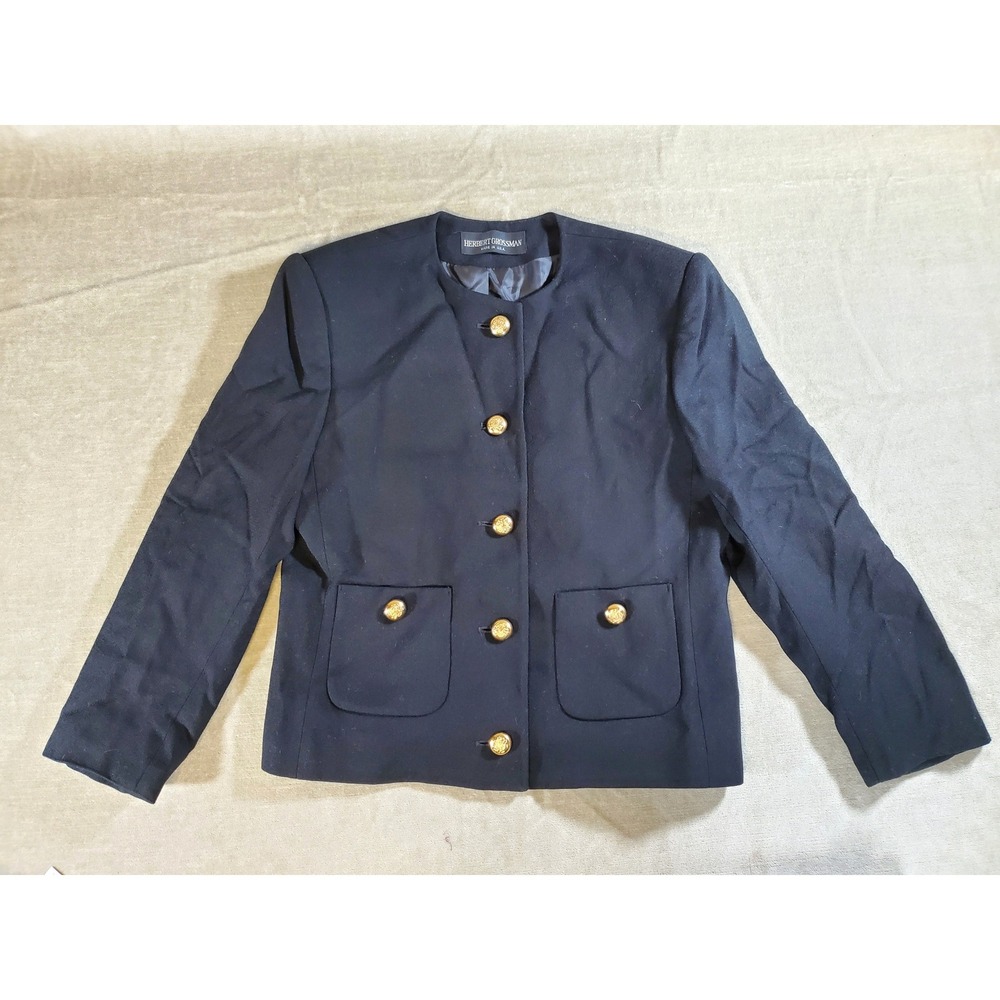 Herbert Grossman Vintage‎ Black Collarless Blazer Gold Crest Buttons Womens 12
